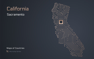 California Map with a capital of Sacramento Shown in a Microchip Pattern. Silicon valley, E-government. United States vector maps. Microchip Series	
