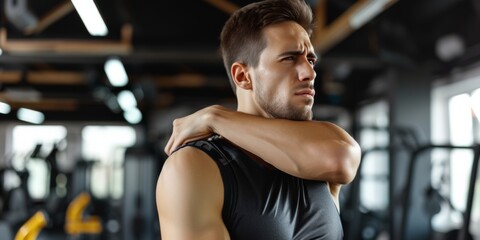 Fototapeta na wymiar Fit Man Experiencing Discomfort In His Shoulder While Exercising At Gym. Сoncept Shoulder Injuries, Gym Exercises, Fitness Tips, Injury Prevention, Physical Therapy