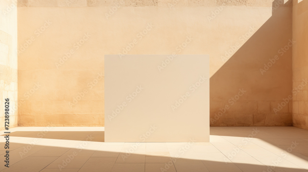 Poster white square is seen in room with tan wall. this image can be used to depict minimalistic design or 