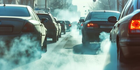 Gridlocked Car Emits Visible Exhaust Fumes, Contributing To Air Pollution. Сoncept Air Pollution Effects On Health, Causes Of Vehicle Emissions, Sustainable Transportation Solutions - obrazy, fototapety, plakaty