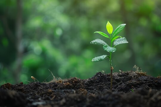 Green plant sprouting from soil, growth concept, nature background, gardening and environment themes, botanical illustrations, and educational materials or earth day celebration.