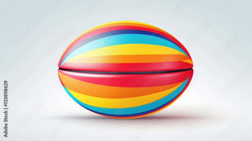 Poster vibrant multicolored striped ball resting on clean white surface. perfect for adding pop of color to