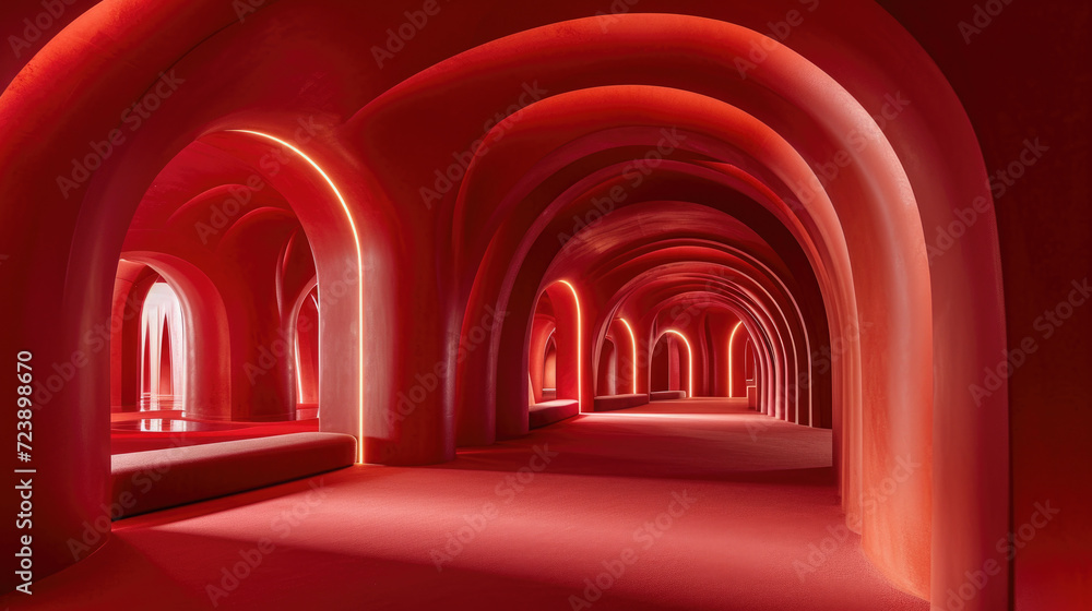 Aufkleber vibrant red hallway with elegant arches and comfortable benches. perfect for adding pop of color and