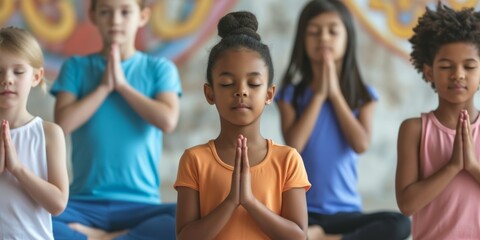 Multicultural Individuals Participating In A Childrens Yoga Class, Engaging In Exercise. Сoncept Self-Care Practices, Mindful Movement, Cultural Diversity, Inclusive Fitness, Healthy Habits - obrazy, fototapety, plakaty