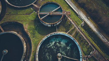 Aerial view of several tanks filled with water. Ideal for illustrating water storage, conservation, or industrial use