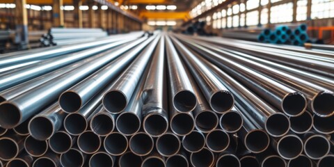 Assorted Metal Pipes Stacked In A Warehouse: Galvanized Steel, Aluminum Alloy, And Chromeplated Stainless Steel. Сoncept Urban Skyscraper Architecture, Natural Landscape Photography
