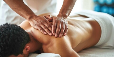 Professional Therapist Providing Targeted Sports Massage For Athletes Lower Back. Сoncept Deep Tissue Massage, Injury Prevention, Muscle Recovery, Sports Performance Enhancement, Relaxation Techniques - obrazy, fototapety, plakaty