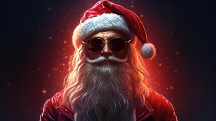 Fototapeta premium Man with long beard wearing sunglasses and Santa hat. Perfect for holiday-themed designs and festive promotions
