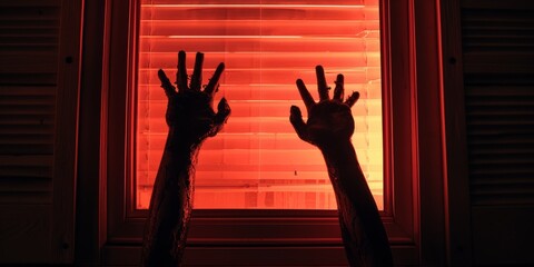 Eerie Red Light Reveals Sinister Zombie Hands Lurking Outside A Window. Сoncept Horror Photography, Zombie Theme, Creepy Hands, Nightmarish Window Scene