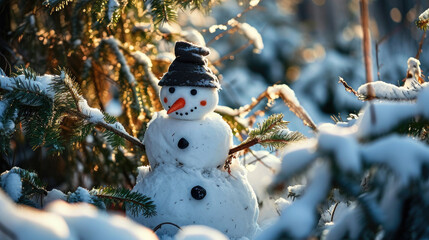 Snowman standing in middle of snow-covered forest. Perfect for winter-themed designs and holiday projects