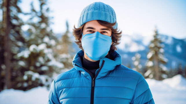 Man wearing blue jacket and blue face mask
