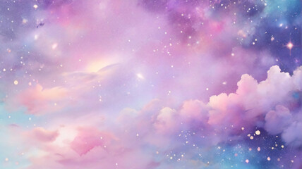 Rainbow unicorn background. Fantasy cloudy pink sky. Cute pastel vector scene with candy colors. Magic princess landscape with fairy stars and glitter. - obrazy, fototapety, plakaty