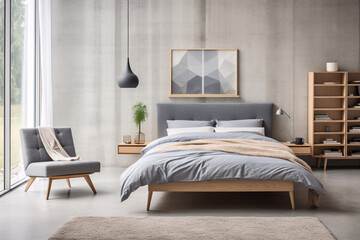 Stylish grey bedroom interior design modern and minimal style, loft bedroom.