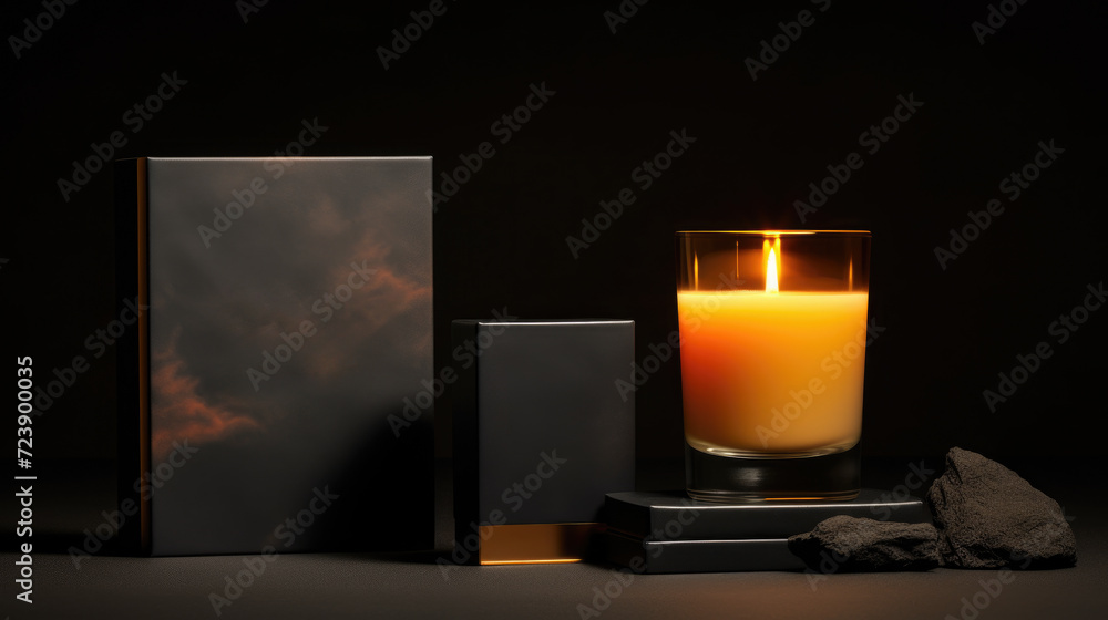 Poster lit candle sitting next to box and rock. this image can be used to symbolize mystery or hidden secre