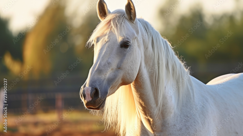 Poster white horse standing in field with trees in background. this image can be used for various purposes