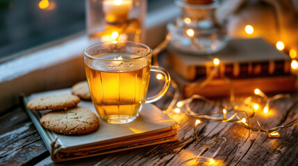 Cup of tea and some cookies placed on table. Perfect for cozy and relaxing vibes.