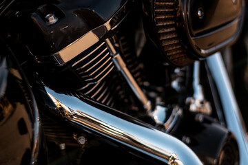 Close-up of the engine of a motorcycle. Selective focus.