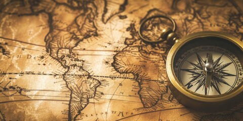 Fototapeta na wymiar Vintage Compass Sits On An Antique World Map Banner Backdrop. Сoncept Travel Adventure, Vintage Decor, Antique Collectibles, Nostalgic Photography