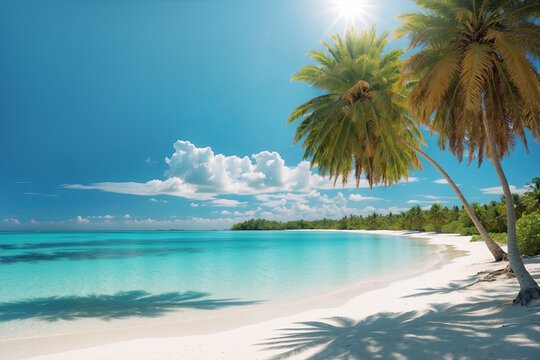 Beautiful natural tropical landscape, white sand beach and palm trees leaning over a calm wave. Turquoise ocean against a blue sky with clouds on a sunny summer day, Maldives island.