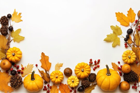 Autumn composition border of dry leaves and pumpkin.