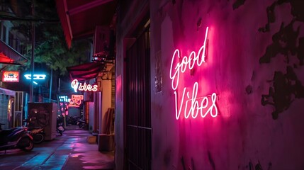 A neon sign that says "good vibes" on a street wall.