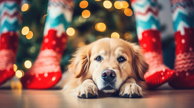 Dog peacefully laying on floor in front of beautifully decorated Christmas tree. This image can be used to capture cozy and festive atmosphere of holiday season