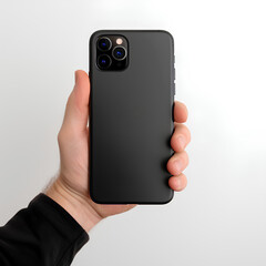 Mobile phone in man's hand, mock up. Back side of phone with camera in male hand. Black Phone.