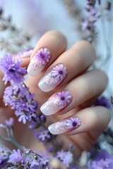 nail art of light purple and ecru gradient geometric pattern