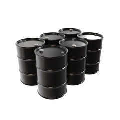 Black round metal barrels isolated on white background. Oil production industry. 3d-rendering