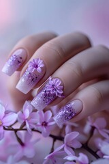 nail art of light purple and ecru gradient geometric pattern