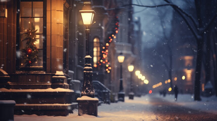 City street covered in snow during snowstorm. Perfect for winter-themed projects and holiday promotions