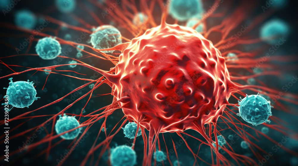 Poster detailed close-up view of red cell surrounded by numerous small white cells. this image can be used 