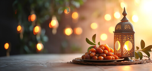 Plate with dates fruit, burning silver Moroccan. Ramadan Kareem greeting card, invitation. Arabic lantern. Generative AI - obrazy, fototapety, plakaty
