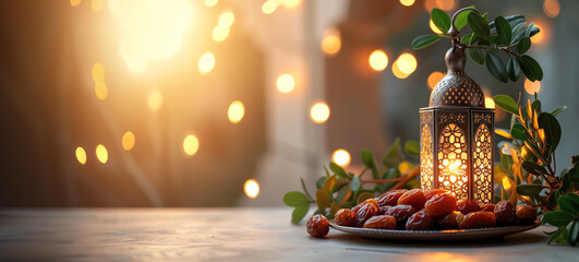 Plate with dates fruit, burning silver Moroccan. Ramadan Kareem greeting card, invitation. Arabic lantern. Generative AI