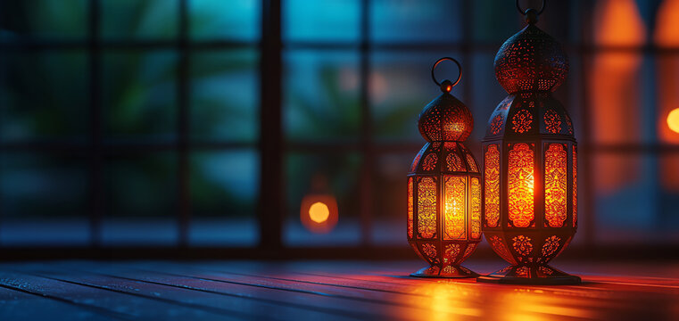Muslim lamps with tasbih on dark background. Generative AI