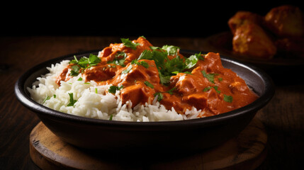 Bowl filled with rice and meat covered in sauce. Perfect for food enthusiasts and recipe ideas