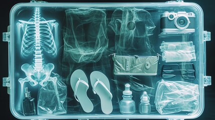 Xray of a suitcase with summer holiday objects inside. Generative AI - obrazy, fototapety, plakaty