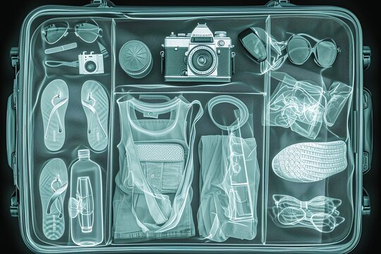Xray of a suitcase with summer holiday objects inside. Generative AI