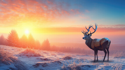 Deer standing on top of snow covered hillside. Perfect for winter-themed designs and nature illustrations