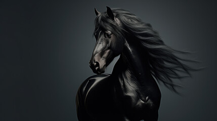 Black horse with long mane standing in front of gray background. Suitable for various equestrian themes and designs