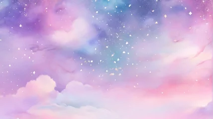 Papier Peint photo autocollant Violet Rainbow unicorn background. Fantasy cloudy pink sky. Cute pastel vector scene with candy colors. Magic princess landscape with fairy stars and glitter.