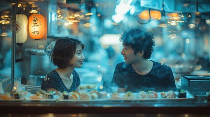 At a Sushi restaurant, a man and a woman are dining