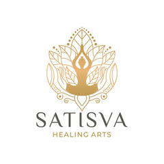  Satisva healing arts logo design. Healing yoga poses women icons decoration with flowers pattern illustration. Yoga poses woman silhouette. - obrazy, fototapety, plakaty