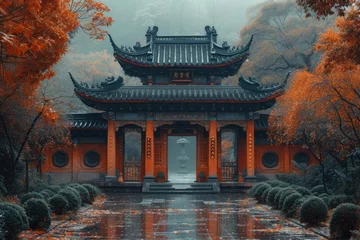 Foto op Plexiglas an_old_chinese_mansion_in_the_city_on_an_overcast © MaiPineapple