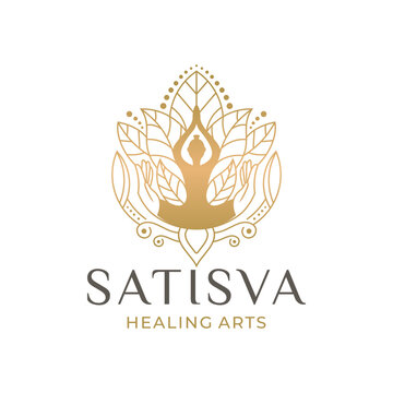  Satisva healing arts logo design. Healing yoga poses women icons decoration with flowers pattern illustration. Yoga poses woman silhouette.