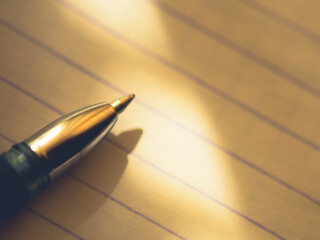 pen on notebook paper in a line, macro photo, place for text.