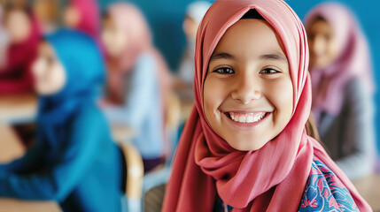 Portrait of a Muslim girl hijab in classroom. Confident and articulate, her hijab reflects her strength and individuality.