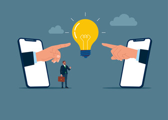 Two human hands and lightbulb. Vision to discover new solution or idea, curiosity, searching for success concept. Flat vector illustration