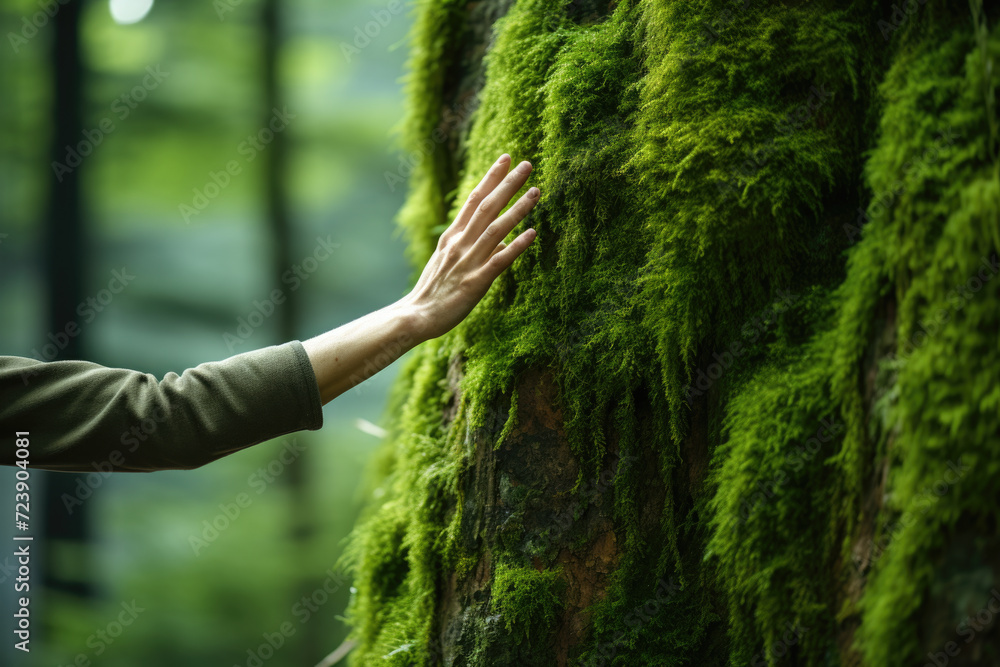Poster person is seen touching tree trunk covered in moss. this image can be used to portray connection wit