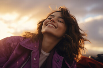 Woman with smile on her face, gazing upwards towards sky. Suitable for various uses